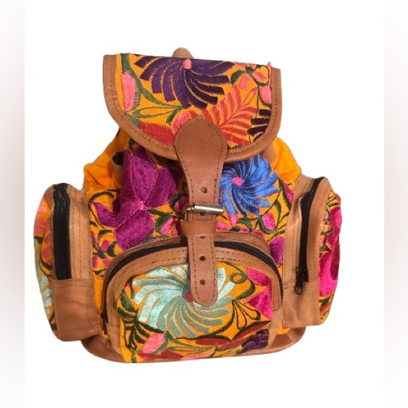 Handmade Artisan Boho Leather  Embroidered Women's Backpack - Picture 2 of 8